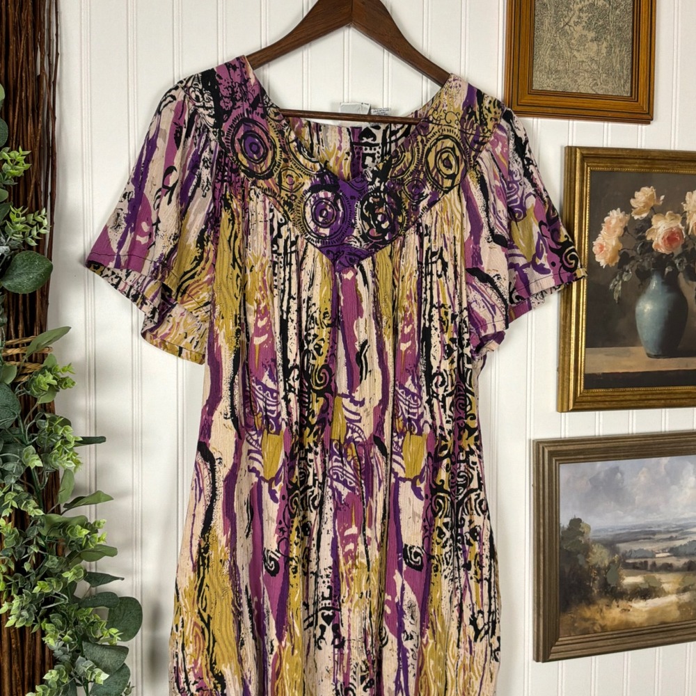 Daffodil By Loungees Nightgown 1X Purple Excellent Abstract Cotton Muu Muu - Picture 3 of 6